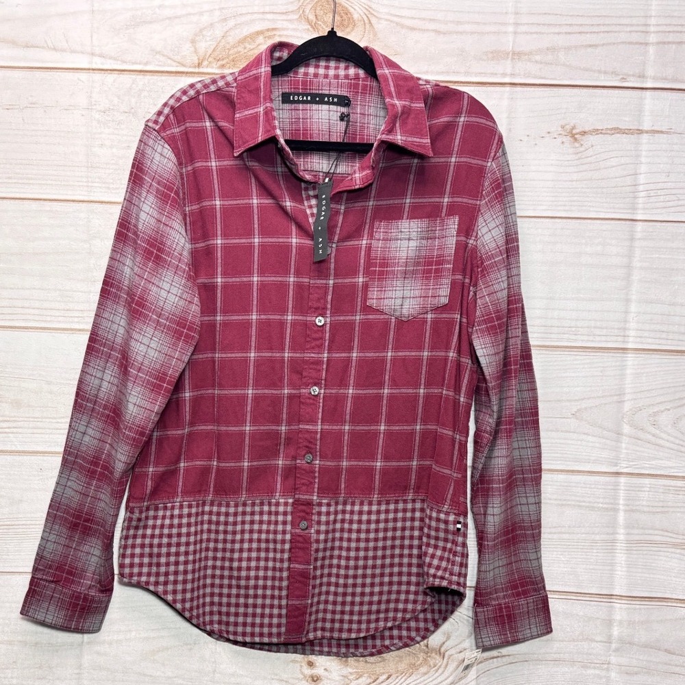 Edgar + Ash Mens Mixed Plaid Gingham Button Down Shirt Burgundy Grey Medium NWT